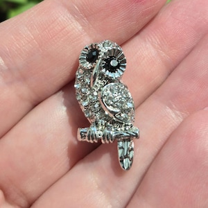 Tiny Silver Owl Brooch: Sparkling Crystal Lapel Pin