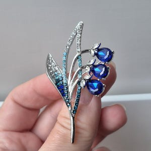 Bluebell Flower Brooch: Silver, Royal Blue Rhinestone Crystal Pin
