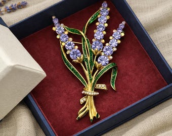 Lavender Bouquet Brooch in Gift Box: Purple Crystals, Enamel Leaves, Gold Back