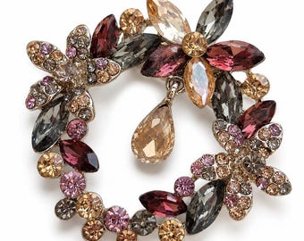 Crystal Wreath Brooch, Burgundy & Smoky Gray Rhinestone Pin, Small Elegant Fall Jewelry Gift