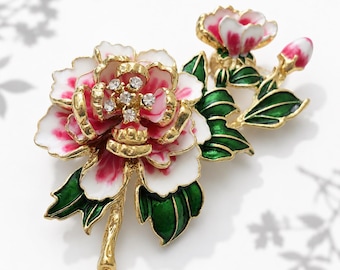 Pink Peony Brooch 5 cm • Crystal Flower Pin 3D • Gold Trim Petals • Luxury Gift