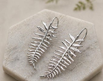 Silver-Tone Fern Leaf Dangle Earrings, Stainless Steel Botanical Jewelry