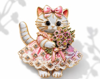 Pink or Blue Dress Cat Brooch, Crystal Kitten Pin, Gold-Tone Cat Lover Gift