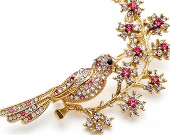 Pink Crystal Bird Brooch on Flowering Branch, Botanical Coat and Scarf Pin, Seasonal Gift