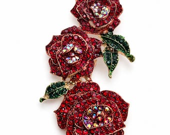 Large Red Rose Brooch Pendant, Rhinestone Statement Floral Pin, Gold-Tone 8.5 cm