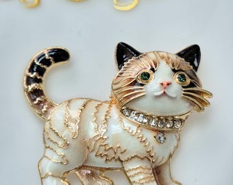 Orange Tabby Cat Brooch, Green-Eyed Crystal Kitten Pin, Gold-Tone Ginger Cat Jewelry, Cat Lover Gift