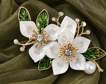 White Jasmine Flower Brooch, Iridescent Crystal Floral Pin, Bridal Lapel Jewelry, Wedding Gift for Her