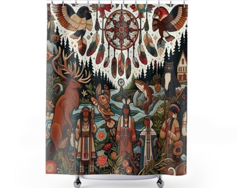 Shower Curtain with Indigenous scene and dream catcher, bathroom bathtub ornament, home accents, totemic animals, wildlife, Indian feathers