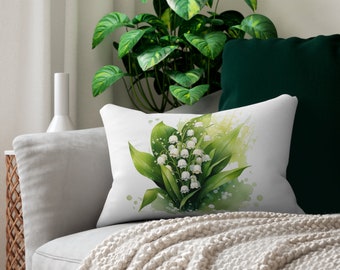 Lily of the Valley Lumbar Pillow scatter cushion for sofa home decor white and green big large printed flower wedding gift bridal shower