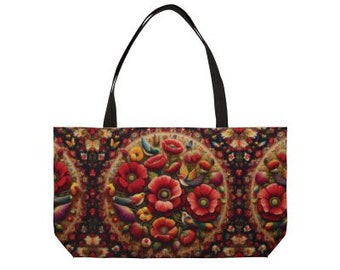 Weekender-Einkaufstasche mit Mohnblumen, rote Mohnblumen-Geldbörse, große Blumentasche, volkstümlich buntes Handgepäck, rustikales Boho-Reisegepäck, Design mit Vögeln