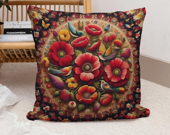 Romanian Couch Pillow, Large Flowers design, William Morris inspired tapestry, embroidery art, birthday gift, poppy cushion, wild bird