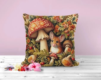 Mouse in the forest pillow sofa, back support cushion, woodland scenery, fictional animals, mushrooms and berries, wild flower bushes