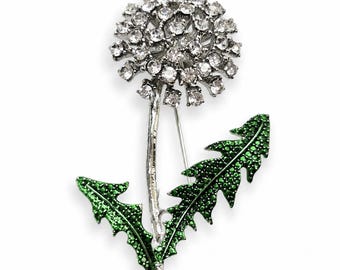 Silver Crystal Dandelion Brooch, Rhinestone Botanical Flower Pin, Meaningful Wish Jewelry Gift