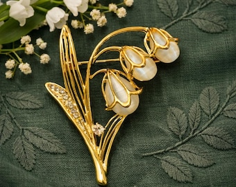 Lily of the Valley Brooch: Gold or Silver Floral Pin with Opal, in gift box