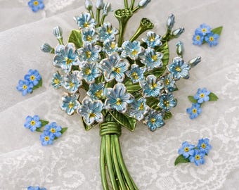 Forget-Me-Not Bouquet Brooch, Blue or Purple Enamel Flowers, Something Blue