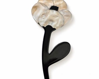Black and Pearlescent Ivory Flower Brooch, Modern Acrylic Floral Pin, Sculptural Jewelry