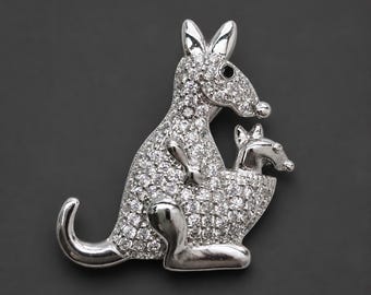 Crystal Kangaroo Brooch: Silver-Tone Mother and Joey Animal Pin, Australian Wildlife Jewelry