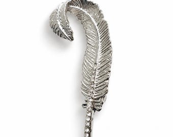 Silver-Tone Feather Brooch, Crystal Quill Lapel Pin, Unisex Suit and Scarf Jewelry