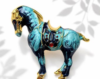 Blue Horse Brooch, Equestrian Enamel Pin with Crystals, Horse Lover Gift, Equine Jewelry, Rider Gift