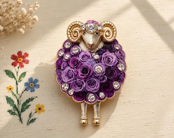 Purple Floral Sheep Brooch, Rhinestone Lamb Pin, Gold-Tone Animal Jewelry