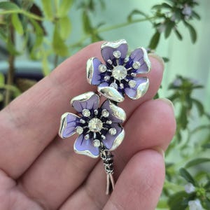 Violet Brooch: Purple Flower Lapel Pin with Silver Crystals, in gift box