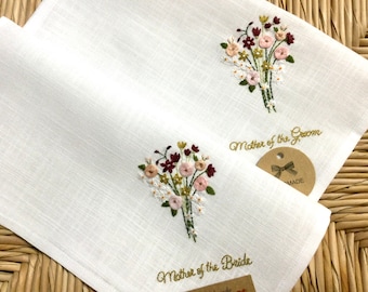 Handmade hand embroidered handkerchief, wedding bouquet with roses and daisies, customized bridal gift, burgundy and pink flower embroidery