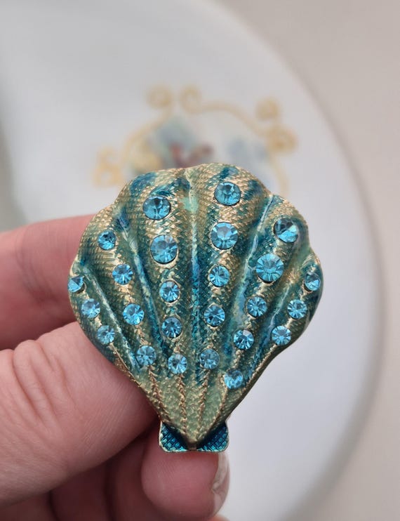 Turquoise And Gold Shell Brooch, Crystal Marine Pin