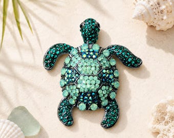 Turquoise and Teal Turtle Brooch Pendant, Sparkly Vintage Pin, Bright Crystal Jewelry