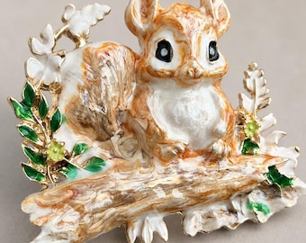 Vintage Enamel Squirrel Brooch, Large Woodland Animal Statement Pin, Gold-Tone Nature Jewelry, Winter Gift