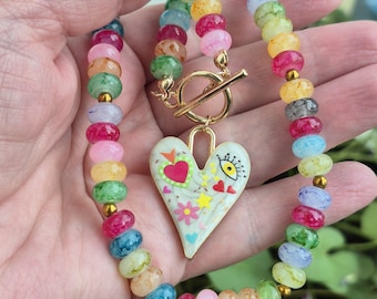 Avant-Garde Murano-Inspired Glass Bead Necklace with Picasso-Style Heart Pendant, In Gift Box