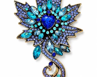 Vintage Blue Crystal Brooch: Gold-Tone Floral Statement Pin, 8 cm