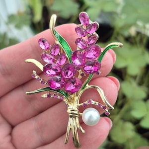 Lavender Bouquet Brooch: Crystal, Pearl & Enamel Flower Pin