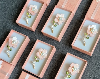 Set of 6 Pink Shell Dahlia Brooches: Gold-Tone Pearl and Crystal Bridesmaid Pins