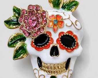 Colorful Sugar Skull Brooch With Crystals, Día de los Muertos Pin, Floral Halloween Jewelry in Gift Box