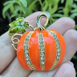 Orange Pumpkin Brooch: Rhinestone Autumn Pin, Botanical Fall Accessory