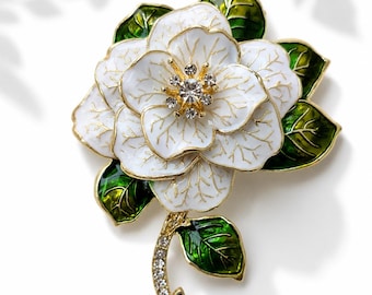 Large Gardenia Brooch • Crystal Flower Pin • Gold Trim Petals • Luxury Gift