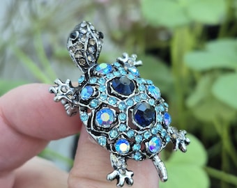 Small Blue Turtle Brooch Pendant, Sparkly Vintage Pin, Summer Jewelry