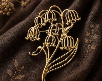Vintage Lily of the Valley Brooch, Gold Tone Openwork Floral Pin, Lightweight Jewelry