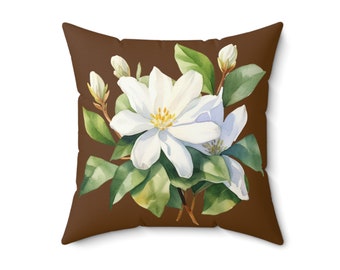Jasmine Decorative Pillow for sofa or bedroom white large flower decor wedding gift for bride mothers day present home accent brown green
