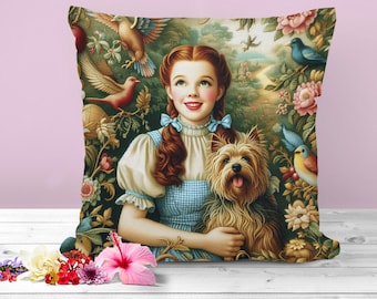 Dorothy and Toto decorative pillow, sofa cushion, Wizard of Oz, girl with Yorkie dog, fairy tale story William Morris tapestry, bedding
