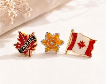 Set of 3 Canadian Lapel Pins, Maple Leaf and Canada Flag Pins, Daffodil Tie Tack, Canada Souvenir Gift