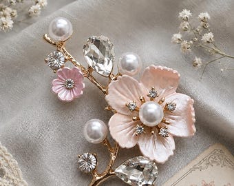 Light Pink Floral Brooch: Cherry Blossom Pin with Silver Crystals and Pearls