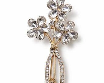 Petite Crystal Flower Bouquet Brooch, Clear Rhinestone Vase Pin, Delicate Jewelry