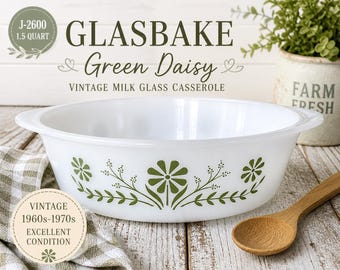 Vintage Glasbake Green Daisy Casserole Dish J-2600, Milk Glass Baking Dish with Handles, Retro 70s Kitchen, Crazy Daisy Primrose Dream