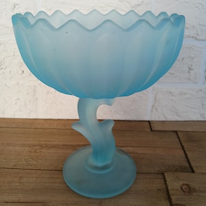 Vintage Satin gefrostet blaue Glas Tulpe Kompott Lotusblüte Indiana Glas hoch Bonbon Schale