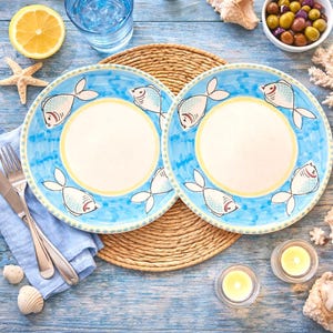 Set of 2 Vintage Lamas Italy Fish Plate | Hand Painted Italian Pottery Dessert or Salad Plates Turquoise Coastal Ceramic 8 Inch LMA2 Pattern