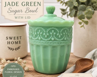 Vintage Style Jade Green Sugar Bowl with Lid, Embossed Floral Glass Jar, Cottagecore Kitchen Decor, Farmhouse Canister, Pioneer Woman Style