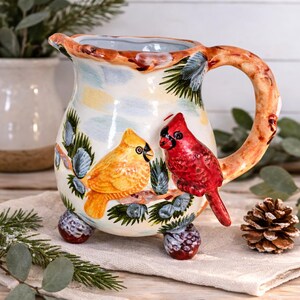 Vintage WCL Pottery Cardinal 8" Pitcher | Hand Painted Raised Ceramic Birds | Winter Cabin Farmhouse Decor | Rustic Christmas Serving Jug