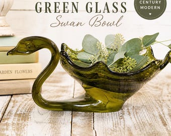 Vintage Green Glass Swan Bowl | Mid Century Modern Art Glass Centerpiece | Viking Style Swan Dish | Retro Candy Dish Planter Decor
