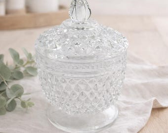 Vintage Clear Cut Diamond Glass Candy Dish with Lid | Footed Crystal Style Trinket Jar | Farmhouse Vanity Decor Bowl